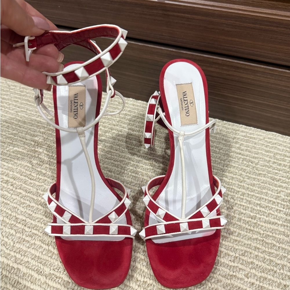 Valentino Red and White Heeled Sandals with Geometric Straps